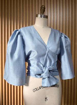 Oversized Puff Sleeve Wrap Top in Dusty Blue Gazar - image