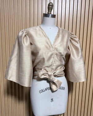 Oversized Puff Sleeve Wrap Top in Gold Gazar - image