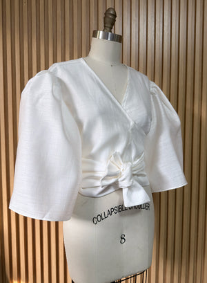 Oversized Puff Sleeve Wrap Top in Cream Gazar - image