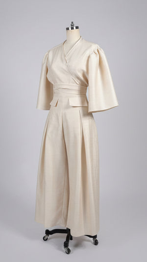 High Waist Front and Back Pleated Wide Hem Pants in Light Gold Gazar - image