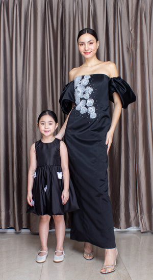 Sleeveless Mushroom Dress with Florets in Black