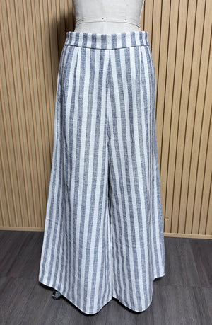 Side Zip Back Elastic Wide Hem Pants in Blue Stripe Woven - image