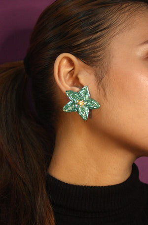 Luwalhati In Blue Green & Gold Hand beaded Up-cycled Leather Hypoallergenic Earrings - image