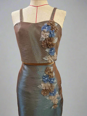 Semi-Sweetheart Flat Strap Top in Bluish Brown Taffeta with Appliquè - image