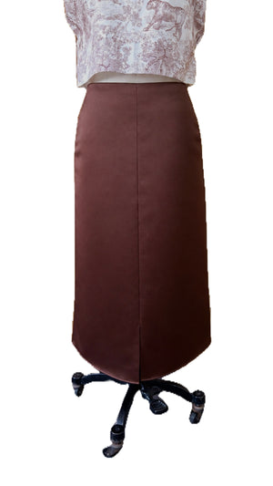 Midi Pencil Skirt with Front and Back Slits in Brown Duchess Satin - image