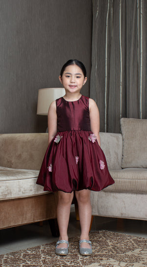 Sleeveless Mushroom Dress with Florets in  Burgundy