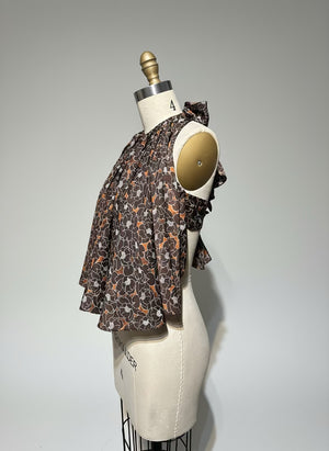 Circular Front-Ruffle Backless Top in Brown Floral Silk - image