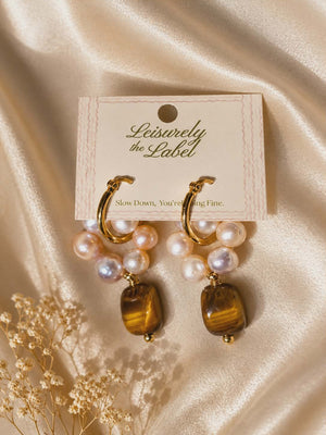 Andrea Pearl Earring with Brown Stone Dangling - image