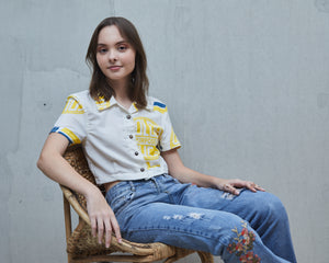 Golden Wheat Cropped Polo Blue Yellow - image