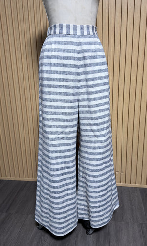Side Zip Back Elastic Wide Hem Pants in Blue Horizontal Stripe Woven - image