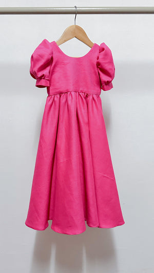 Puff Sleeve Maxi Dress in Hot Pink Linen