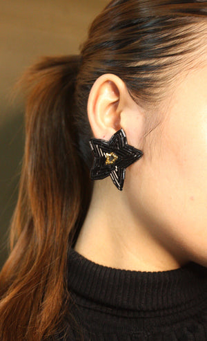 Luwalhati In Black & Gold Hand beaded Up-cycled Leather Hypoallergenic Earrings - image