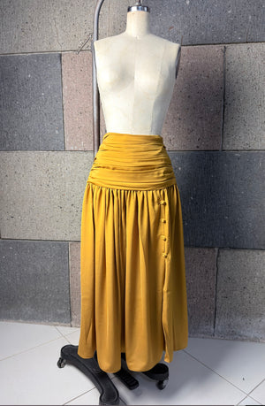 Shirred Waist-to-Hem Skirt with Front Buttoned Slit in Mustard Silk - image