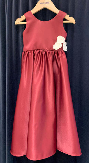 Sleeveless Maxi Dress with Florets in Maroon Duchess Satin