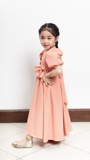 Puff Sleeve Maxi Dress with Ribbon Detail in Peach Crepe