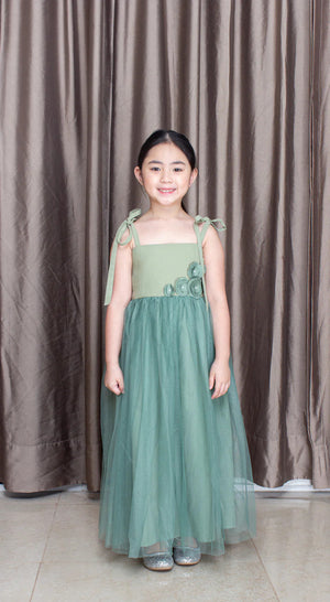 Ribbon-Strap Open Ended Square Neckline Linen Maxi Tulle Dress in Sage - image