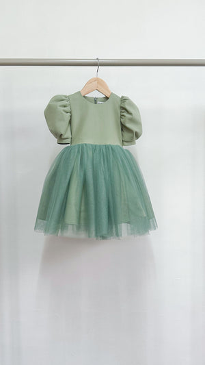 Puff Sleeve Below-The-Knee Tulle Dress in Sage Linen