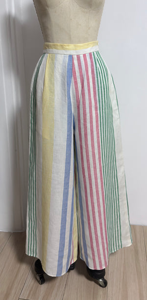 Side Zip Back Elastic Wide Hem Pants in Multicolor Linen - image