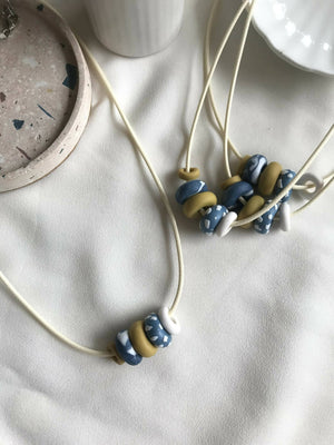 Mustard and Blue Beaded Polymer Clay Necklace - image