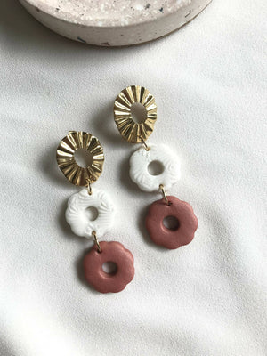 White and Rust Flower Polymer Clay Earrings - image