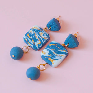 Blue Marble Polymer Clay Statement Earrings - image