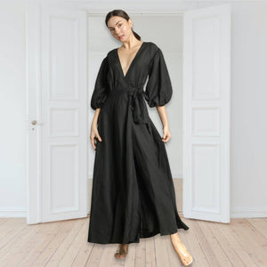 3/4 Mushroom Sleeve Wrap Long Dress in Black Linen - image