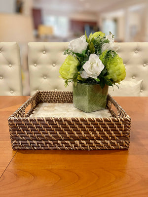 Square wicker tray with intricate pearlized in lay - image