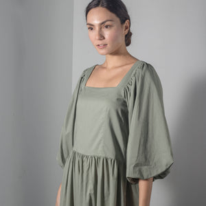 Lightweight Cotton Weave Long Dress with Belt - image