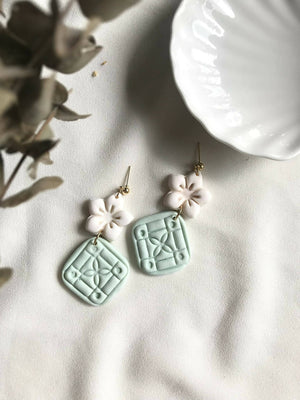 Mint Green Diamond Tile Polymer Clay Earrings - image