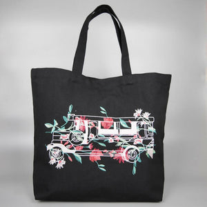 Floral Jeepney on Black Canvas Shopping Tote - image