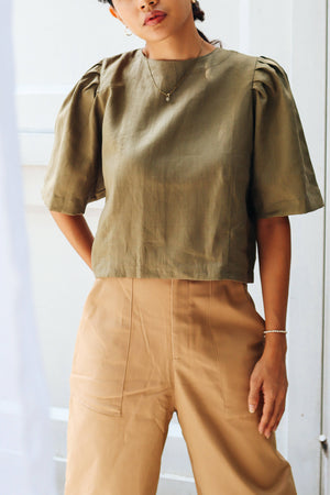 Hazel Puff Sleeve top in Olive Green - image