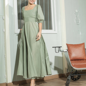 Tuck Front Detail Puff Sleeve Balloon Dress - image