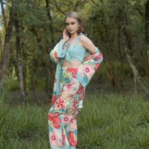 Luna Teal Floral Kimono Co-ords 3 Piece Set - image