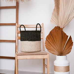 Abaca Basket Block Round Black-White - image
