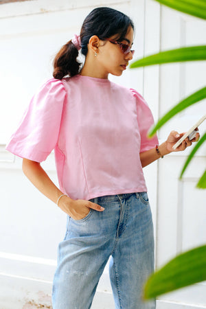 Hazel Puff Sleeve Top in Pastel Pink - image