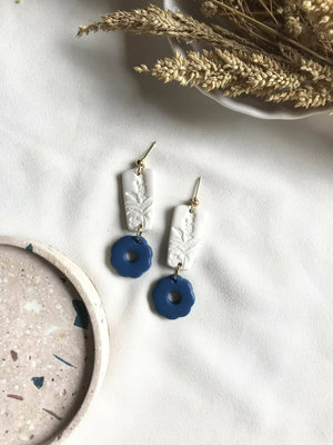 White and Royal Blue Floral Polymer Clay Earrings - image