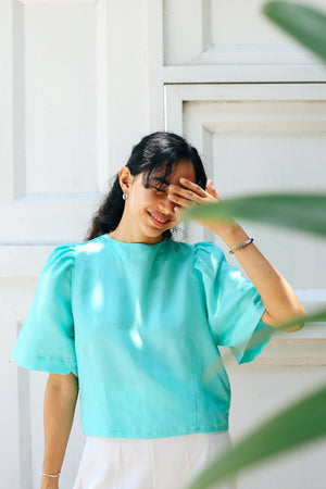 Hazel Puff Sleeve Top in Aqua - image