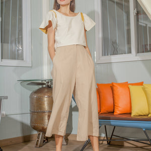 Single Button Flat Front Waistband Back Elastic Wide Hem Pants in Nude Linen - image
