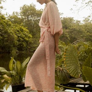 3/4 Mushroom Sleeve Long Dress in Sakura Crepe - image