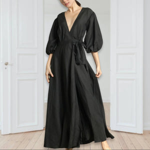 3/4 Mushroom Sleeve Wrap Long Dress in Black Linen - image