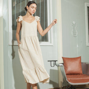 Adjustable Scallop Shoulder Detail Shirred Dress - image