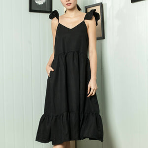 Adjustable Scallop Shoulder Detail Shirred Dress in Black Linen - image