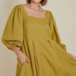 Back Zip Puff Sleeve Dress in Olive Linen - image