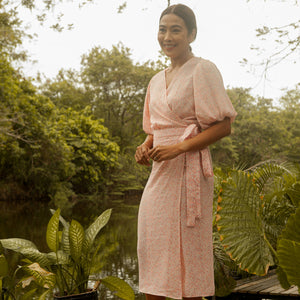 Short Mushroom Sleeve Midi Dress in Sakura Crepe - image