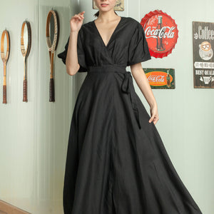 Short Mushroom Sleeve Wrap Long Dress in Black Linen - image