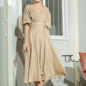 Short Mushroom Sleeve Wrap Midi Dress - image