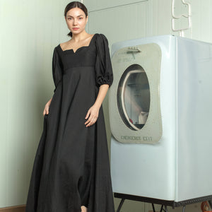 Sweetheart V Cutout Puff Sleeve Long Dress in Black Linen - image