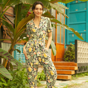Front Zip Lapel Tapered Jumpsuit in Pineapple Print - image