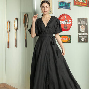 Short Mushroom Sleeve Wrap Long Dress in Black Linen - image