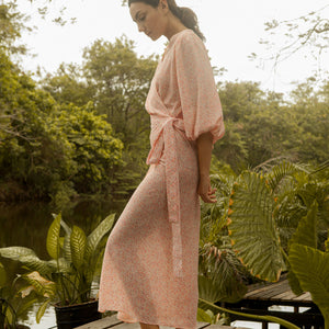 3/4 Mushroom Sleeve Long Dress in Sakura Crepe - image